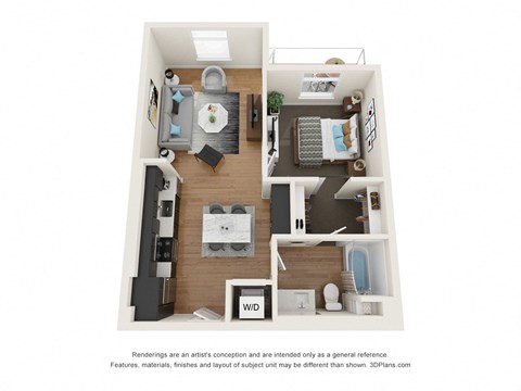 Floor plan for 1 bed, 1 bath, 663 sqft
