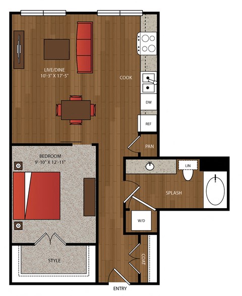 Floor plan for 1 bed, 1 bath, 820 sqft
