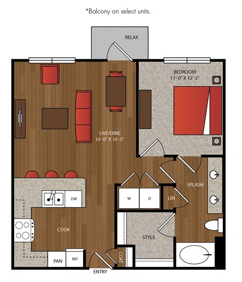 Floor plan for 1 bed, 1 bath, 786 sqft