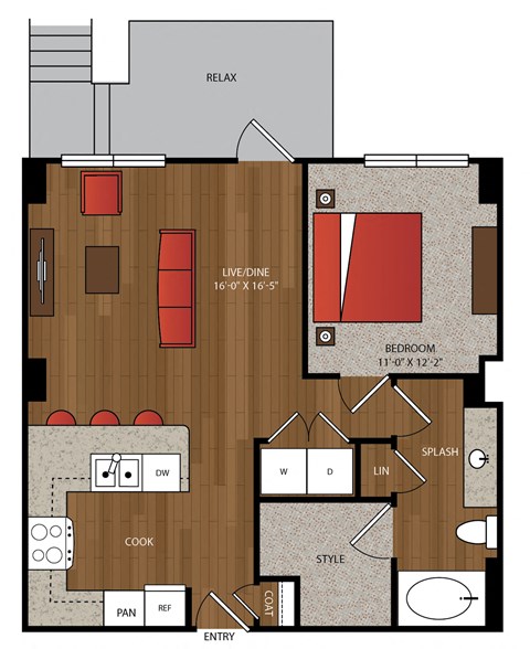 Floor plan for 1 bed, 1 bath, 800 sqft