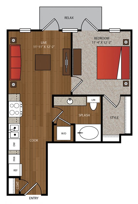 Floor plan for 1 bed, 1 bath, 621 sqft