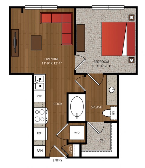 Floor plan for 1 bed, 1 bath, 576 sqft