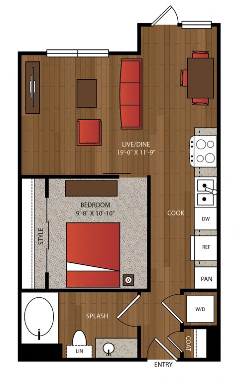 Floor plan for 1 bed, 1 bath, 627 sqft