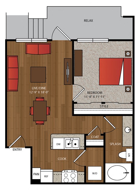 Floor plan for 1 bed, 1 bath, 684 sqft
