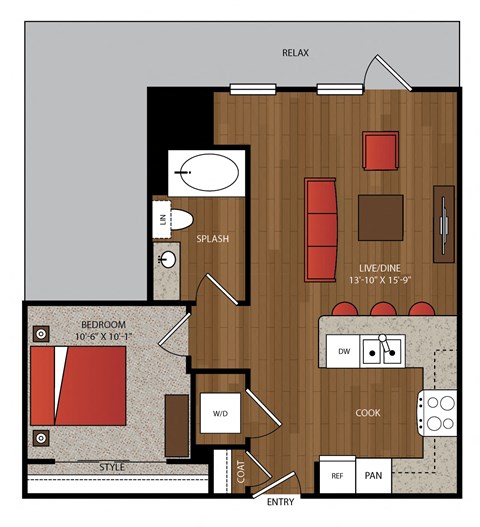 Floor plan for 1 bed, 1 bath, 688 sqft