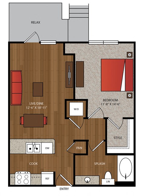 Floor plan for 1 bed, 1 bath, 724 sqft