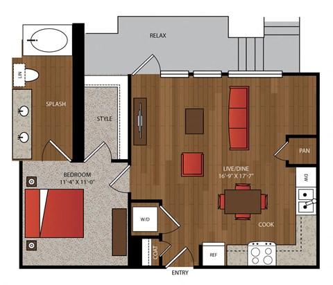Floor plan for 1 bed, 1 bath, 747 sqft