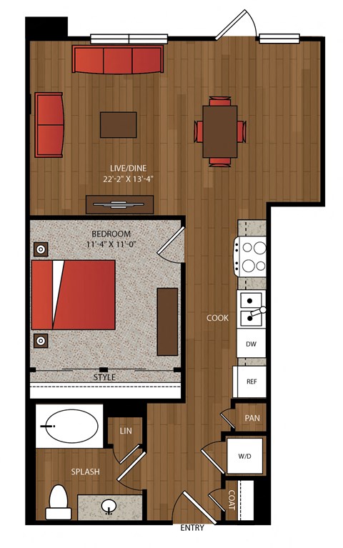 Floor plan for 1 bed, 1 bath, 751 sqft