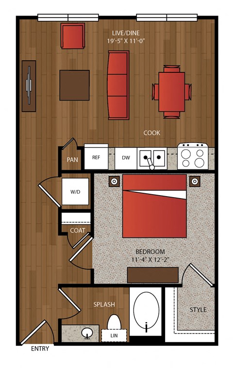 Floor plan for 1 bed, 1 bath, 676 sqft