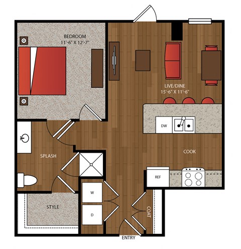 Floor plan for 1 bed, 1 bath, 760 sqft