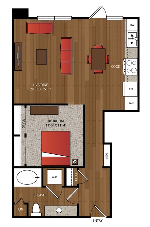 Floor plan for 1 bed, 1 bath, 685 sqft