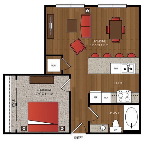 Floor plan for 1 bed, 1 bath, 670 sqft