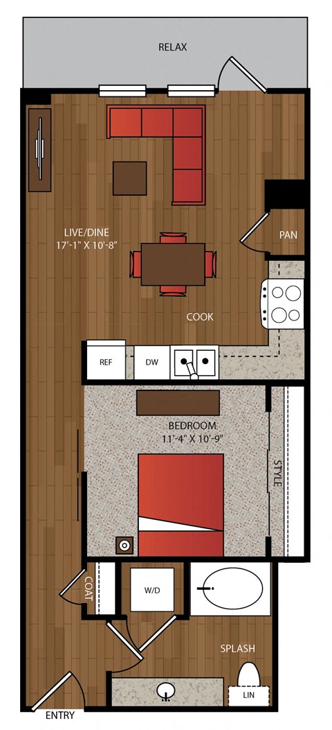 Floor plan for 1 bed, 1 bath, 680 sqft