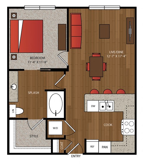 Floor plan for 1 bed, 1 bath, 726 sqft