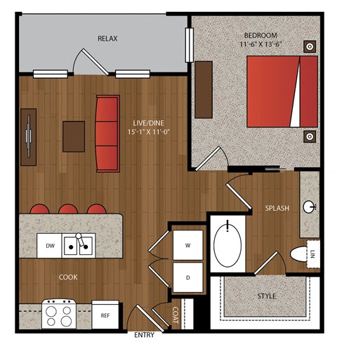Floor plan for 1 bed, 1 bath, 687 sqft