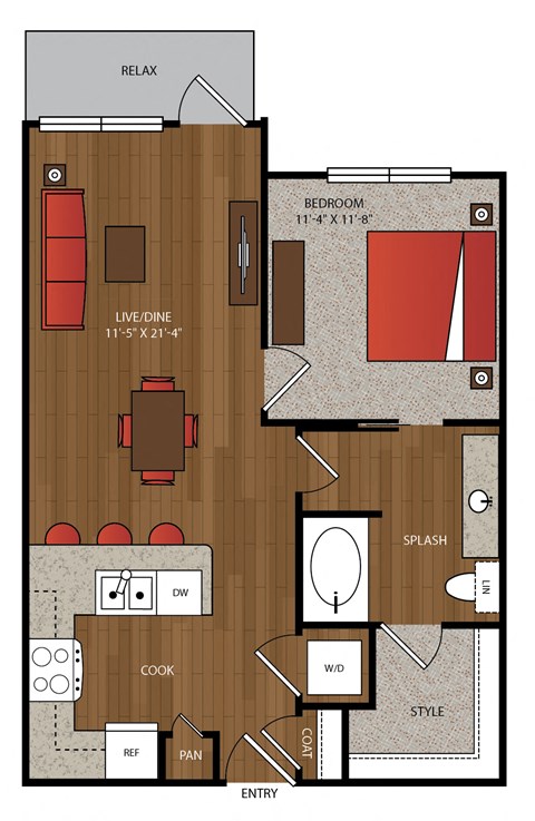 Floor plan for 1 bed, 1 bath, 763 sqft