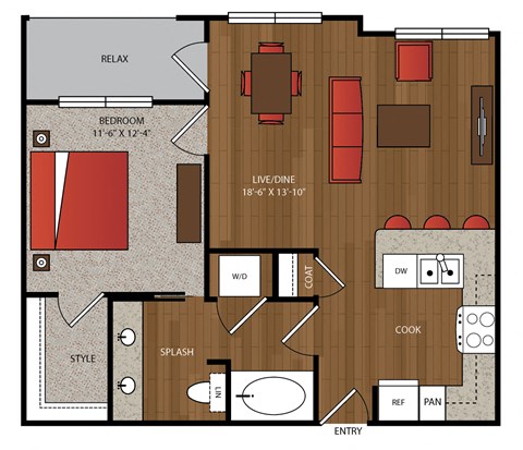 Floor plan for 1 bed, 1 bath, 770 sqft