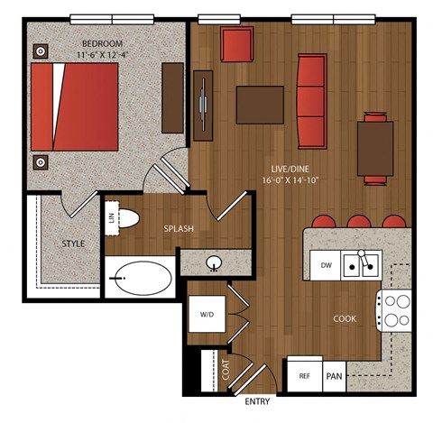 Floor plan for 1 bed, 1 bath, 722 sqft