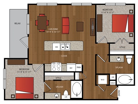 Floor plan for 2 beds, 2 baths, 991 sqft