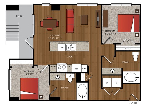 Floor plan for 2 beds, 2 baths, 1013 sqft