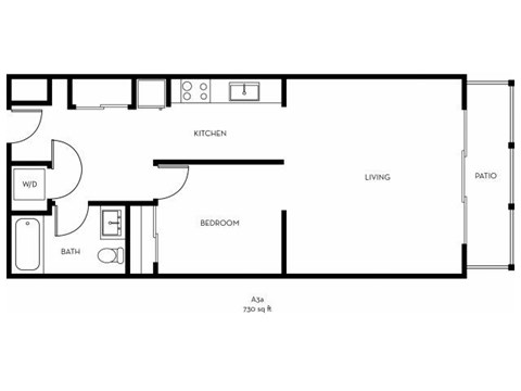 Floor plan for 1 bed, 1 bath, 730 sqft
