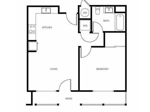 Floor plan for 1 bed, 1 bath, 678 sqft