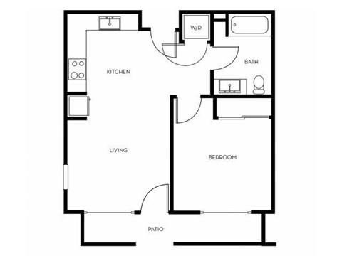 Floor plan for 1 bed, 1 bath, 628 sqft
