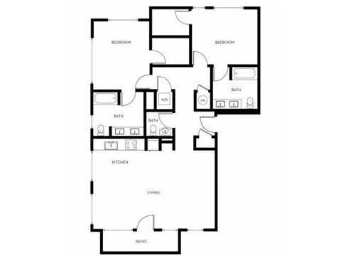 Floor plan for 2 beds, 2.5 baths, 1295 sqft