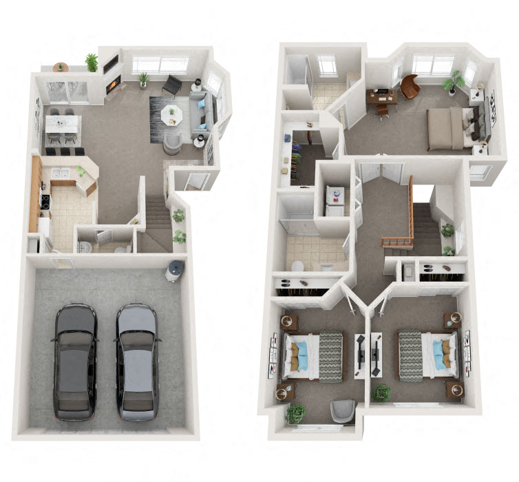 Floor plan for 3 beds, 2.5 baths, 1327 sqft