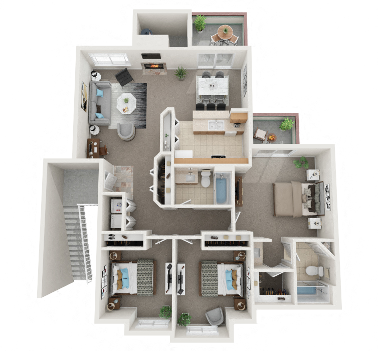 Floor plan for 3 beds, 2 baths, 1286 sqft