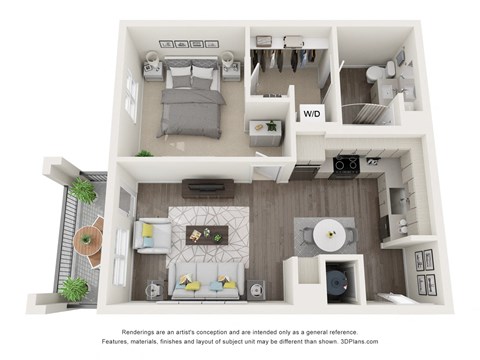 Floor plan for 1 bed, 1 bath, 629 sqft