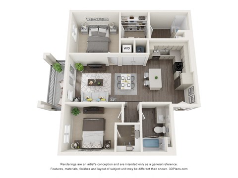 Floor plan for 2 beds, 2 baths, 985 sqft