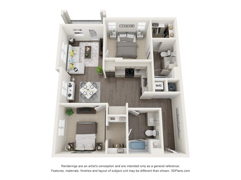 Floor plan for 2 beds, 2 baths, 1049 sqft