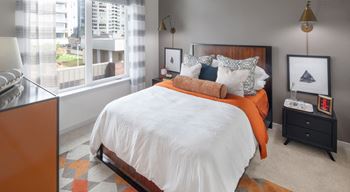 Designer lighting, carpeting & two-tone paint