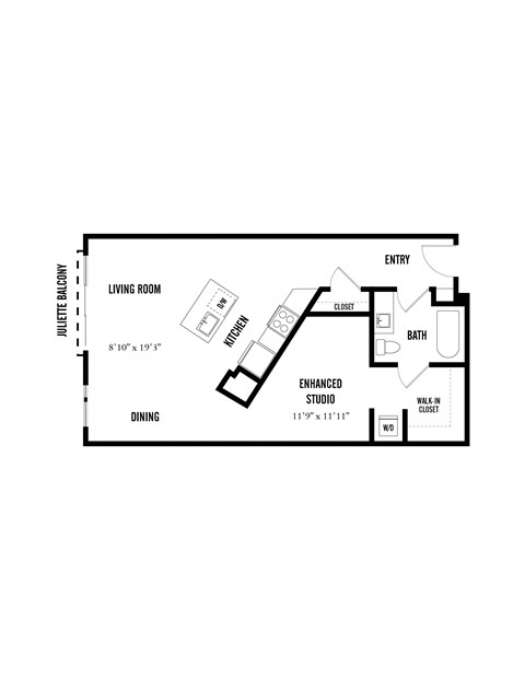 Floor plan for studio, 1 bath, 737 sqft