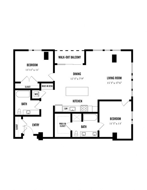 Floor plan for 2 beds, 2 baths, 1308 sqft