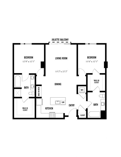 Floor plan for 2 beds, 2 baths, 1268 sqft