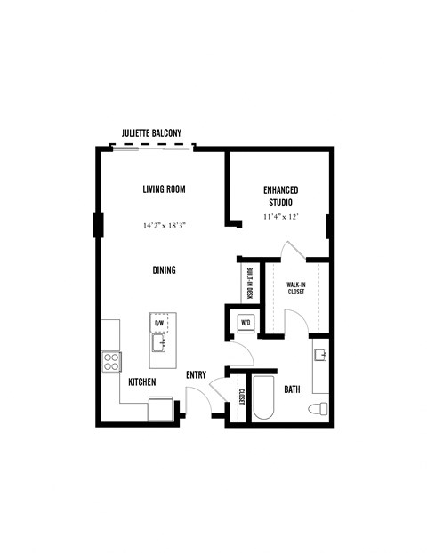 Floor plan for studio, 1 bath, 845 sqft