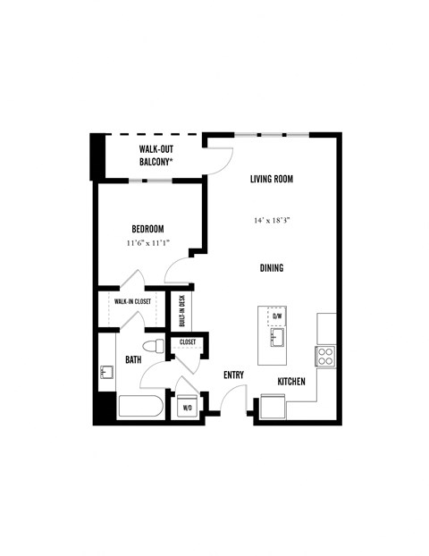 Floor plan for 1 bed, 1 bath, 786 sqft