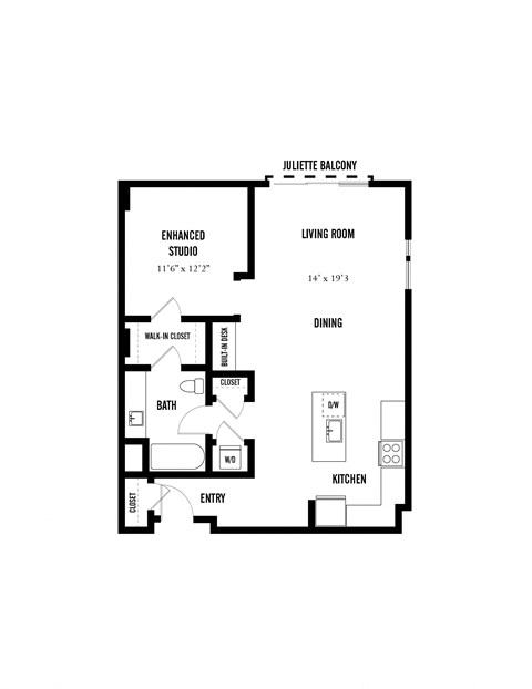Floor plan for studio, 1 bath, 845 sqft