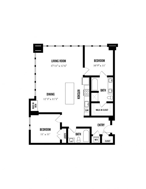 Floor plan for 2 beds, 2 baths, 1151 sqft