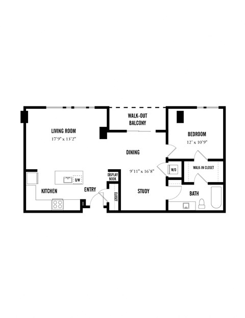 Floor plan for 1 bed, 1 bath, 942 sqft