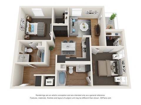 Floor plan for 2 beds, 2 baths, 953 sqft