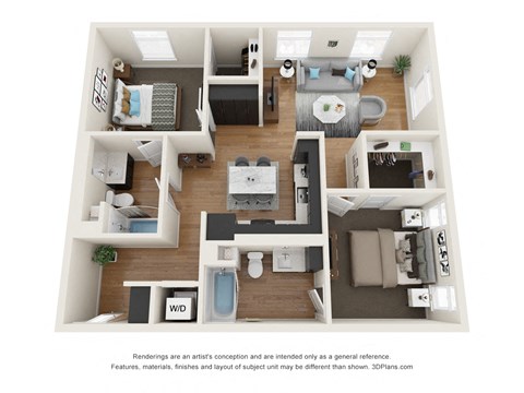 Floor plan for 2 beds, 2 baths, 1050 sqft