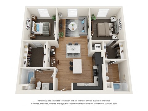 Floor plan for 2 beds, 2 baths, 1050 sqft