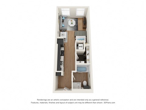 Floor plan for studio, 1 bath, 490 sqft