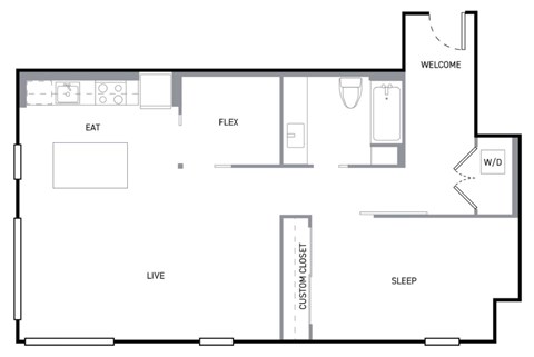 Floor plan for 1 bed, 1 bath, 918 sqft