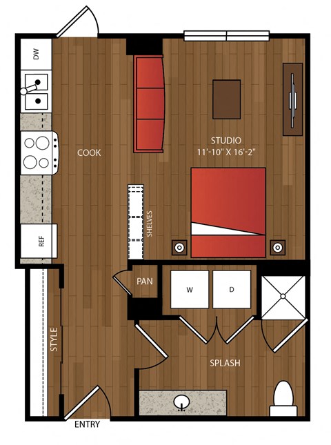 Floor plan for studio, 1 bath, 569 sqft