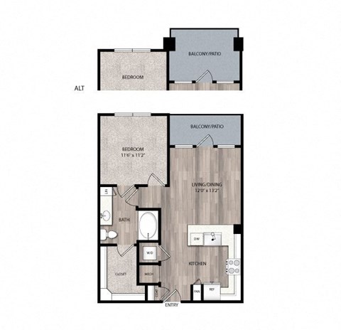 Floor plan for 1 bed, 1 bath, 686 sqft