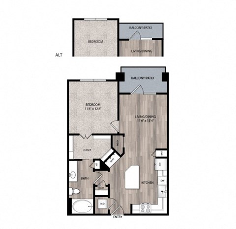 Floor plan for 1 bed, 1 bath, 735 sqft